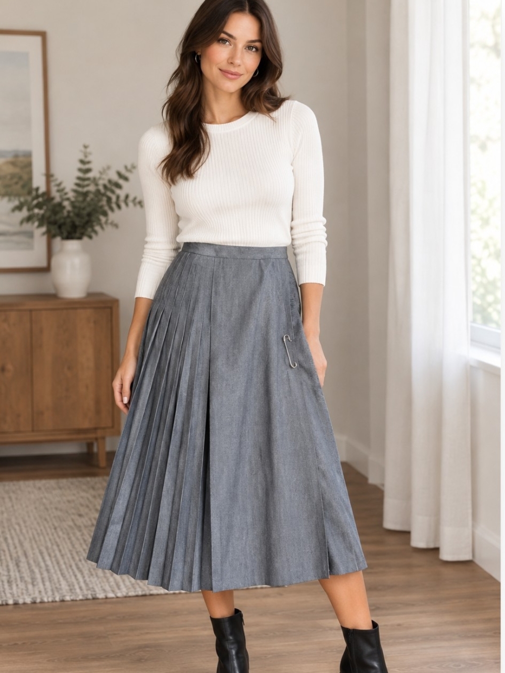 🇨🇦 Vintage Highland Quern High-Waist Pleated Midi Skirt in Slate Gray